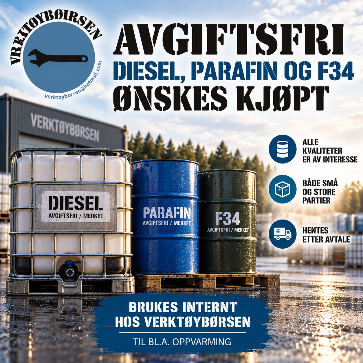 Avgiftsfri diesel, parafin og F34 ønskes kjøpt Avgiftsfri diesel, parafin og F34 ønskes kjøpt - Bilde 1